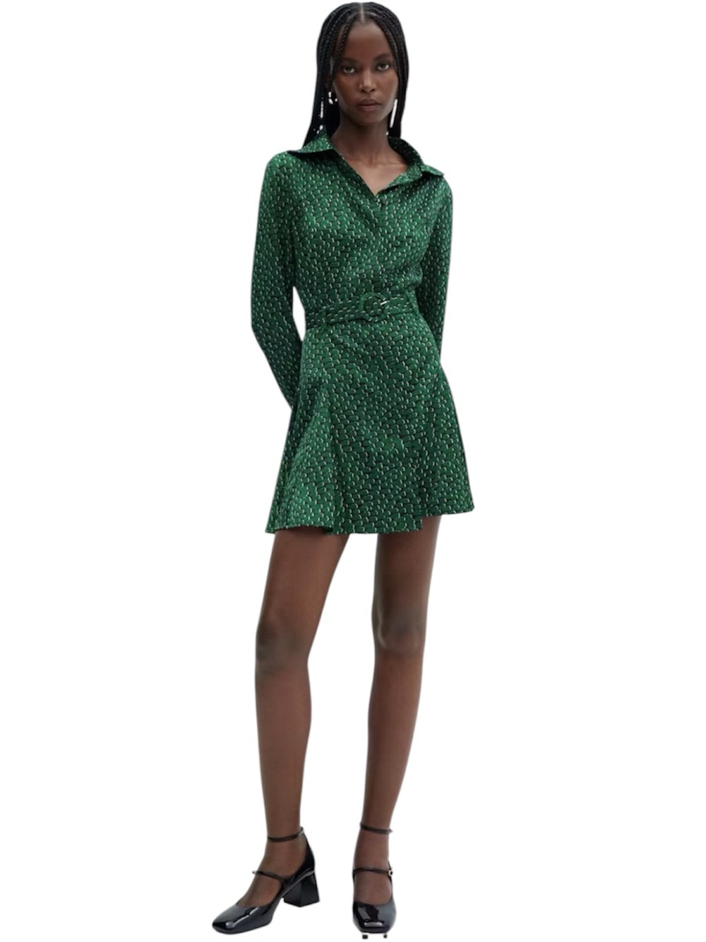 MANGO NWT Green Patterned Long-Sleeve Belted Dress size XS - Picture 3 of 7